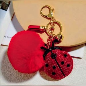 NEW Red & Black Rhinestone Lady Bug Bag Charm Keychain With Red Pom Pom
